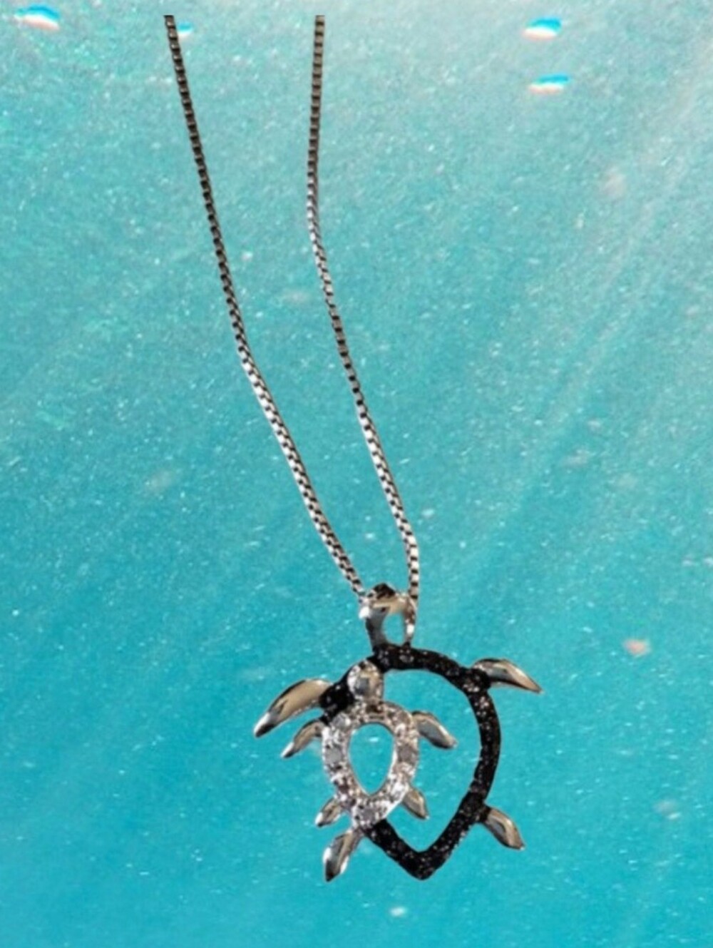 Mama Sea Turtle & Baby Pendant Necklace Clear & Black Crystals